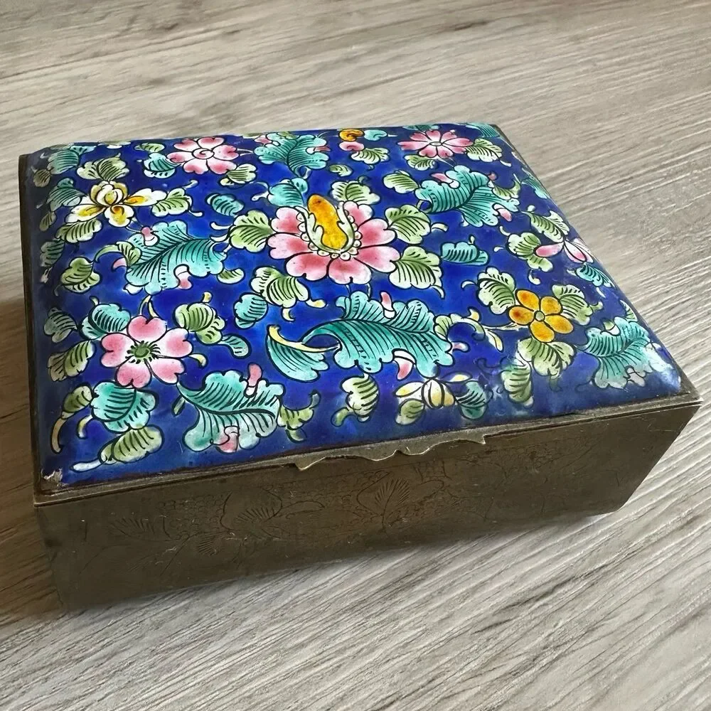 Antique Rich Colorful Hand Painted Ceramic Tile & Brass Wood Lined Trinket Box